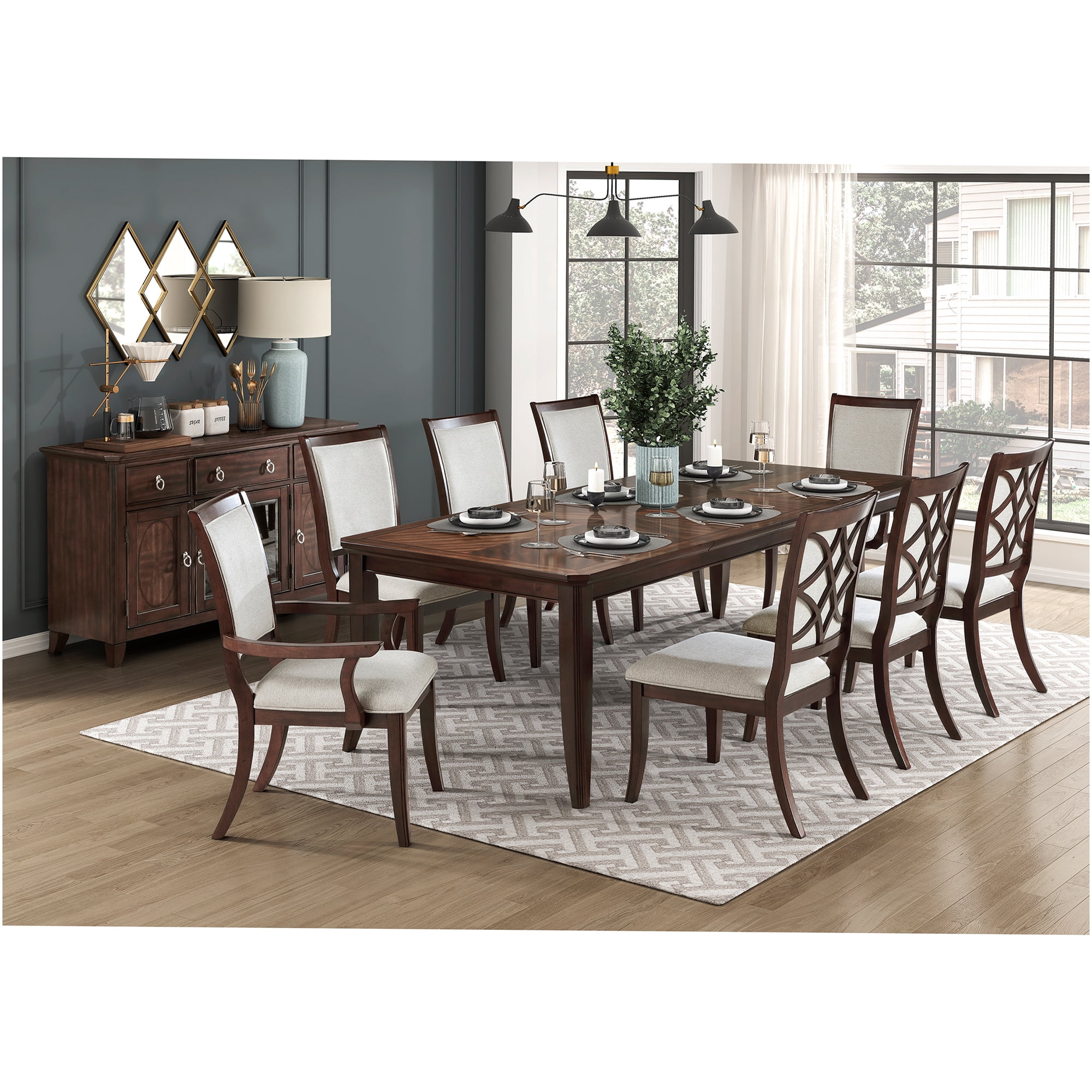 JERFIT 9-Piece Extendable Dining Table Set with Chairs Cherry Finish Wooden Furniture for 8 Traditional Style with Dark Walnut Inlay and Beige Upholstery