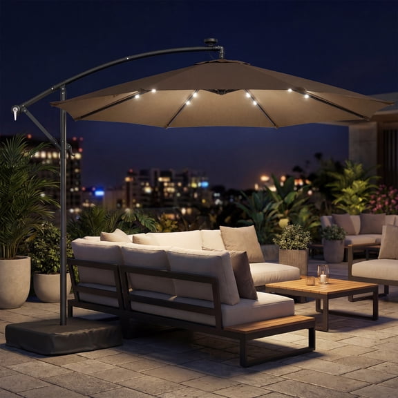 Outsunny 10 ft Cantilever Patio Umbrella with Solar LED Light, Sandbag Weight, Offset Hanging Outdoor Umbrella with Protective Cover, Tan