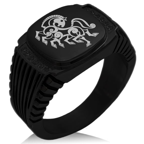 Stainless Steel Odin's Sleipnir Horse Viking Norse CZ Ribbed Needle Stripe Pattern Biker Style Polished Ring