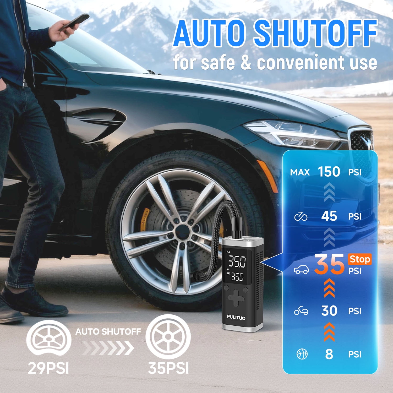 Cordless Air Compressor 150PSI, Fast 90-Second Tire Inflator with 6000mAh Battery, Digital Gauge, Dual Power Battery & 12V DC, LED Light, Portable Electric Air Pump for Car Tires, Bikes, Motorcycles