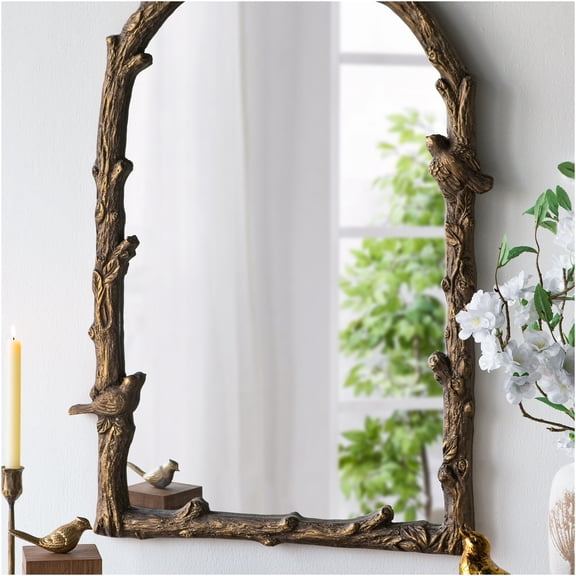 JERFIT Gold Arched Wall Mirror with Botanical and Bird Design, Vintage Full Length Floor Mirror for Living Room Entryway Bedroom Decor