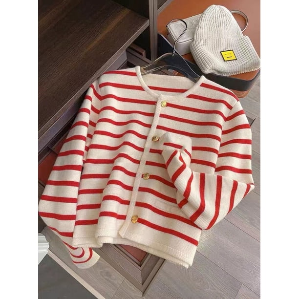 Suéteres de punto a rayas con cuello redondo para mujer, cárdigan informal de manga larga, Tops cortos de estilo coreano, primavera y otoño, nuevo