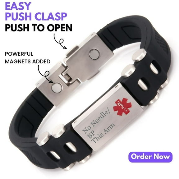 Solid Silicone Medical Alert Bracelet, 22CM, No Needle/BP This Arm, With Easy Push Clasp