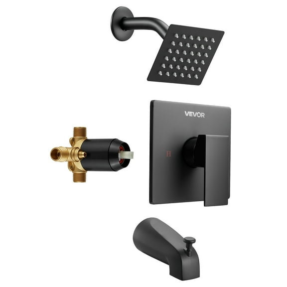 VEVOR Tub and Shower Faucet Set, Complete with 4-Inch Rainfall Shower Head and Bathtub Spout, Single-Spray Single-Handle Tub Trim Kit with 304 Stainless Steel Valve Trim for Bathrooms, Matte Black
