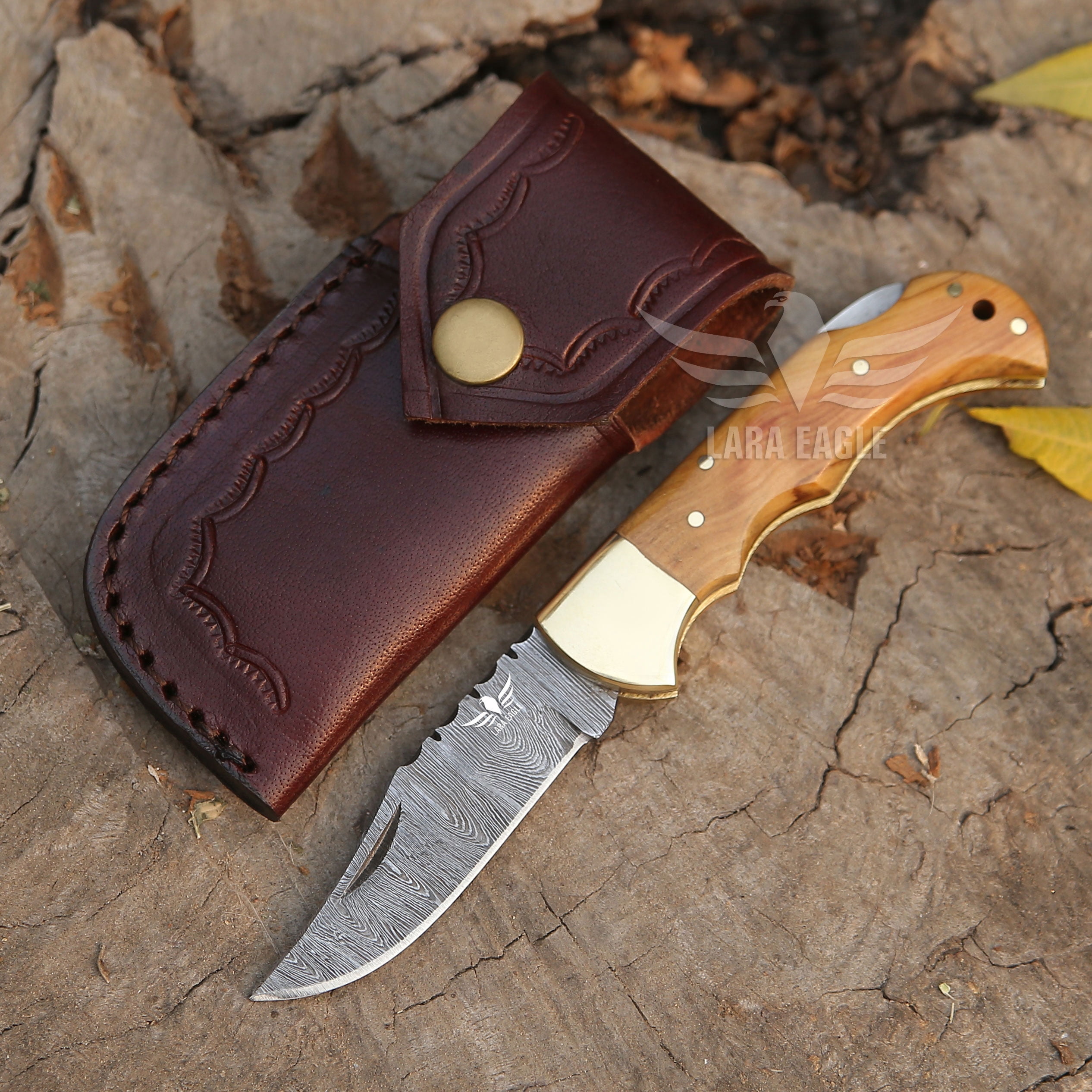 Lara Eagle Damascus Pocket Knife for Men - 133 Layer Solid Steel Handmade Light Brown Folding Hunting 3 inch Blade with Sharpener and Leather Pouch - Knife for Camping Hunting Hiking