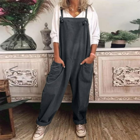 

Clearance! MIARHB Ladies Casual Solid Color Suspenders Button Overalls Dark Gray L