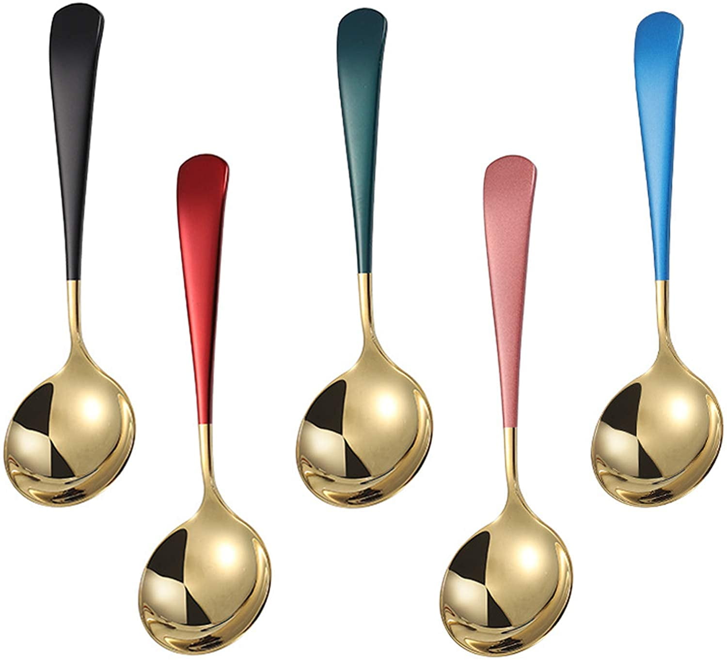 EATOP INC Metal Soup Spoons,Stainless Steel Spoons for Soup Round Colorful Dinner Spoons Thick Short handle Table Spoon 6.3-Inch, Set of 5 (Gold)