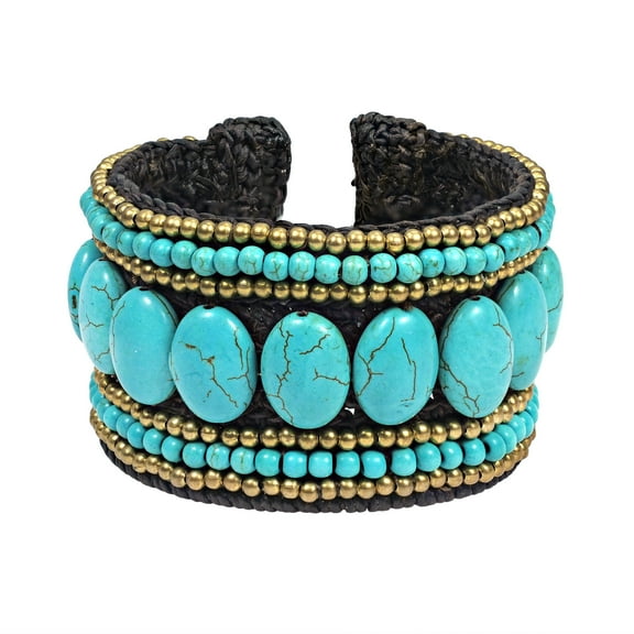 Oval Unity Turquoise and Brass Tribal Wide Adjustable Cuff