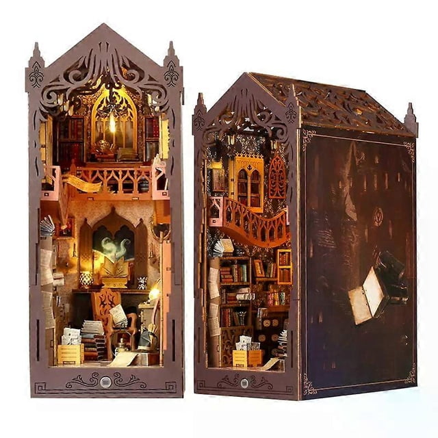 DIY Book Nook Kit - Miniature Wooden Dollhouse with Furniture and LED Light-Magic Library
