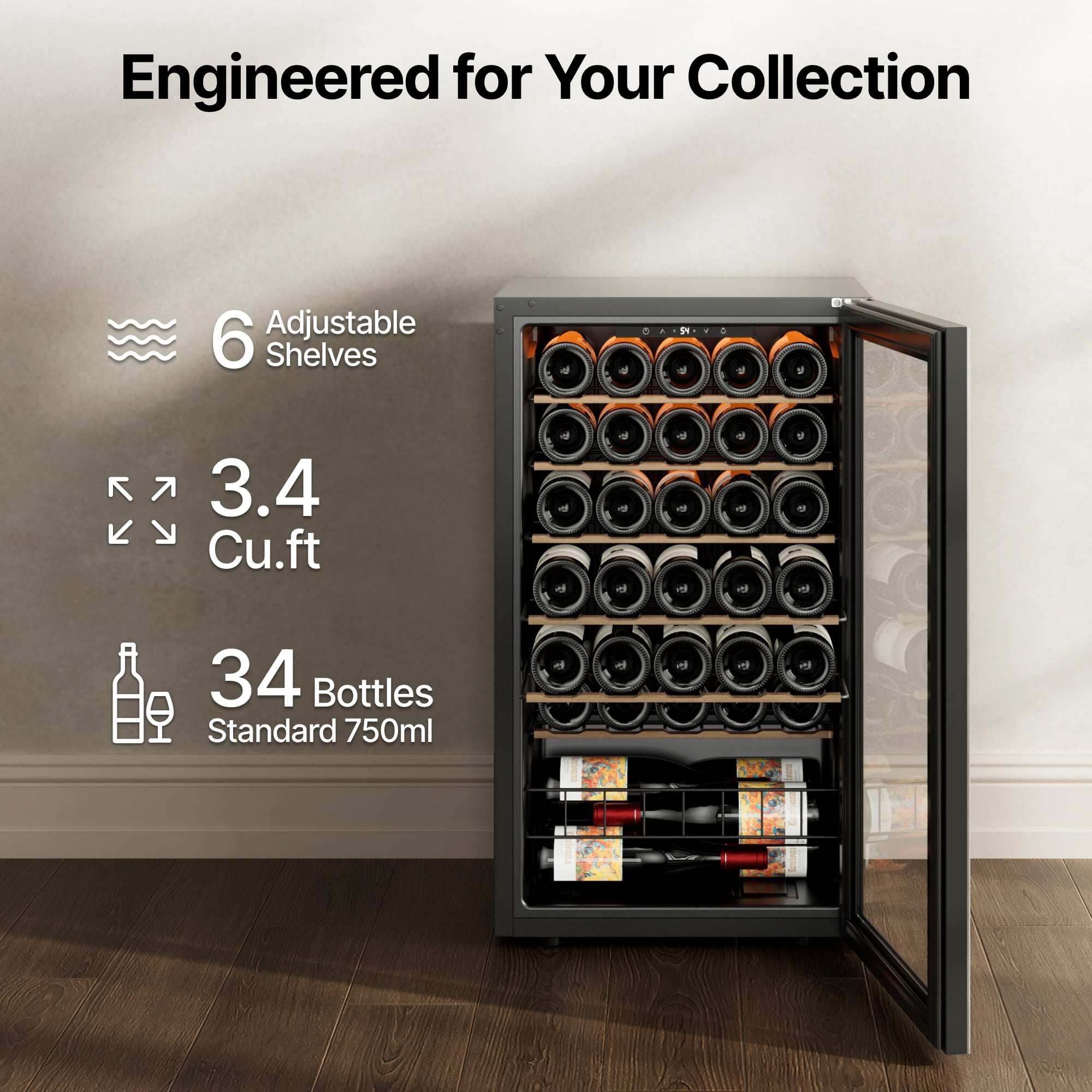 Ca'Lefort Wine Cooler Refrigerator, 3.35 cu.ft. Mini Wine Fridge Freestanding Wine Chiller with Double-Layer Glass Door for Home/Office
