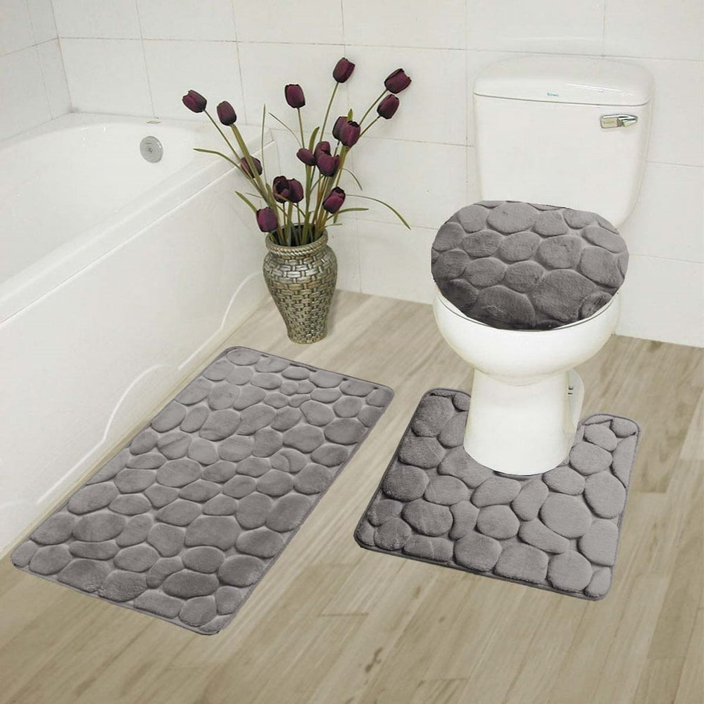 3 Charcoal 3Piece Shiny Soft Plush Bathroom Mat Set, Plain Large Rug