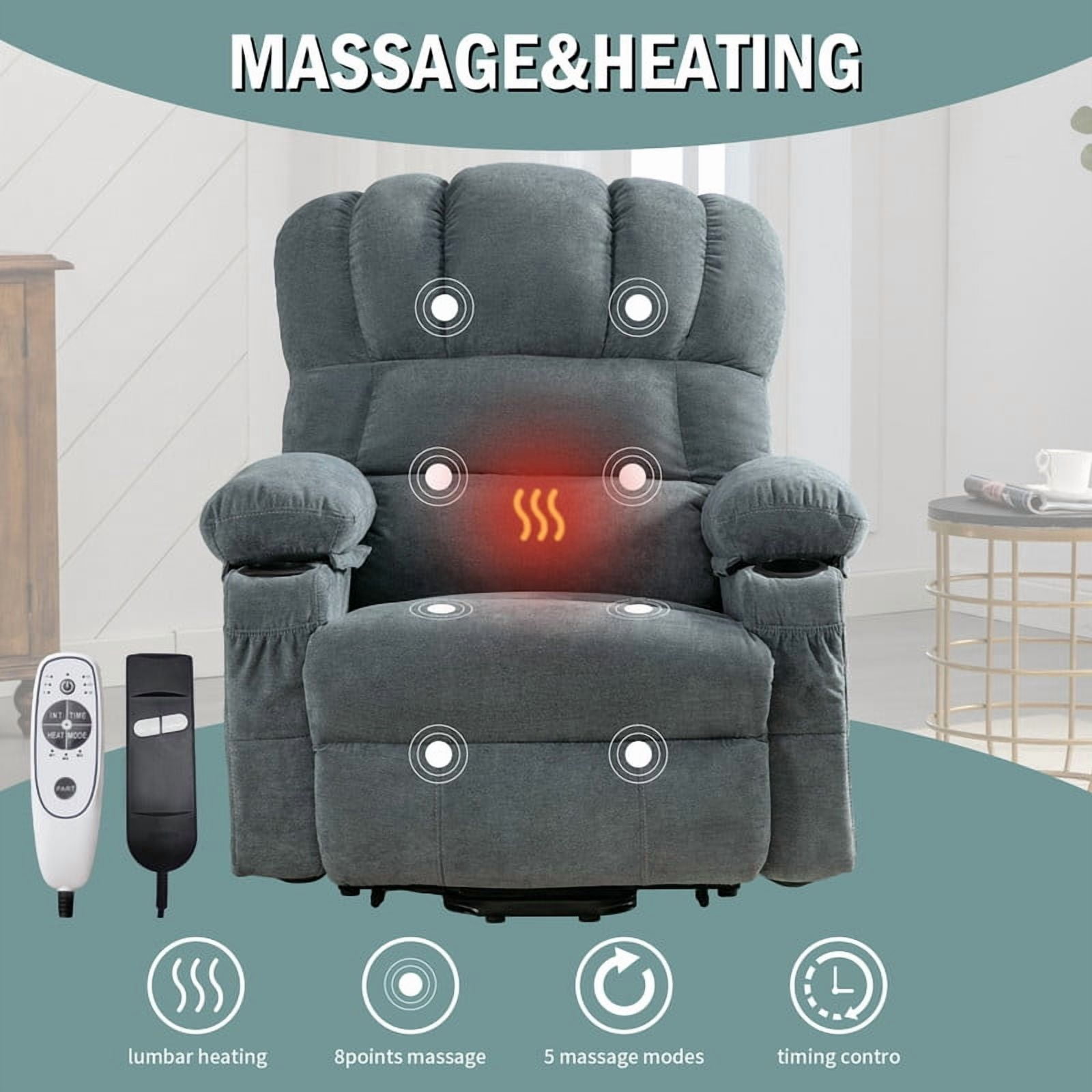 Lift Chairs, Power Lift Recliner Chairs for Elderly with Heat and Massage, 23.23" Seat Oversize Power Reclining Sofa Chairs for Living Room, with Side Pocket, Cup Holder, USB Port, Blue