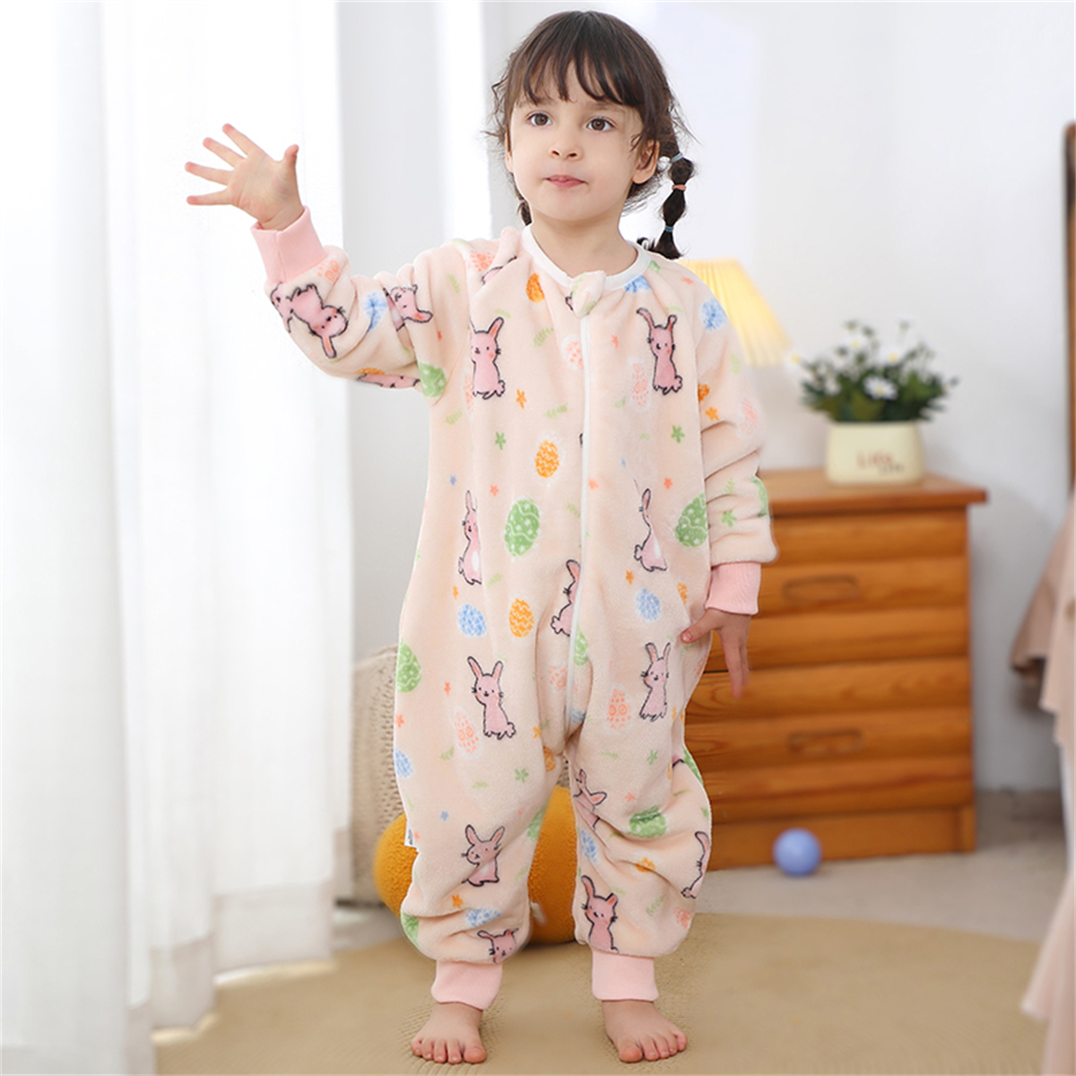 WIBACKER 9M-6Y Baby Warm Flannel Sleeping Bag with Feet, Rabbit Sleepsuit, Kids Toddler Girls Double Zipper Wearable Sleep Sack