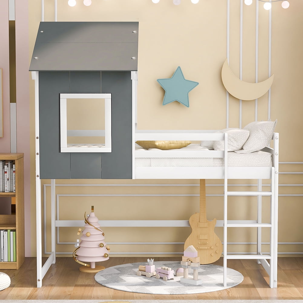 Lowestbest Loft Bed with Roof, House Bed for Kids/Teens, Gray&White Lowestbest Loft Bed with Roof, House Bed for Kids/Teens, Gray&White