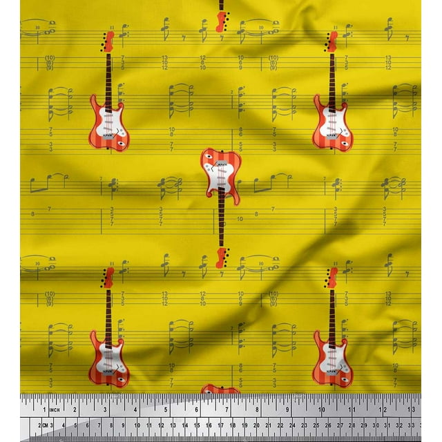 Soimoi Tissu Jaune Poly Georgette Notes & Guitare Instrument de Musique Imprimé Tissu de Couture Yard 52 Pouces de Large