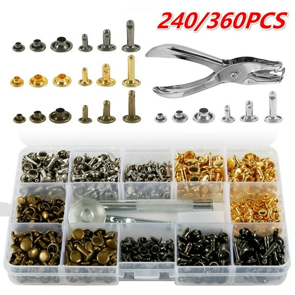 240/360Pcs Leather Rivets Double Cap Rivet Tubular Metal Studs 2 Sizes with Punch Pliers and 3 Pieces Setting Tool Kit for Leather Craft Repairs