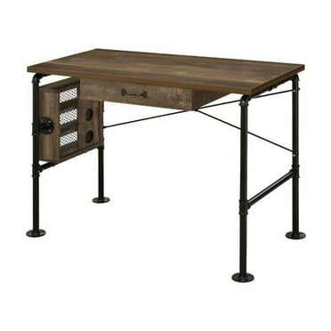 Benjara Writing Desk with Industrial Style and 3 Tier Sleek Side Shelves, Oak Brown