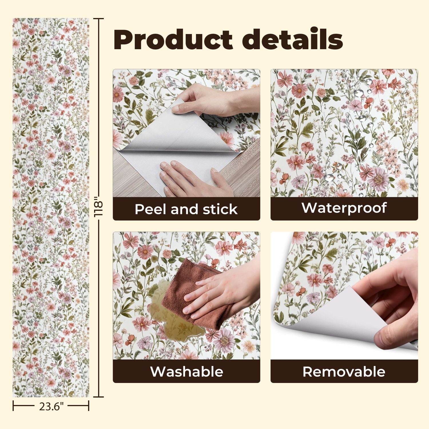 Peel and Stick Wallpaper Vintage Botanical Floral Soft Pink Green Hues Wall Mural 23.6in x 9.8ft Self Adhesive Removable Wall Paper Renter Friendly Wallpaper for Nursery Bedroom Cabinets