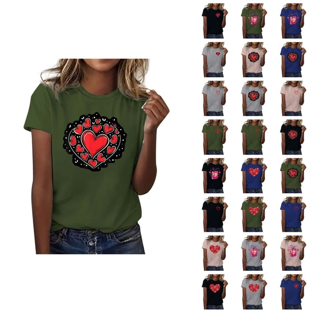 T-shirts de la Saint-Valentin pour Femmes 2026 à la Mode Manches Courtes Col Rond avec Cœur Graphique