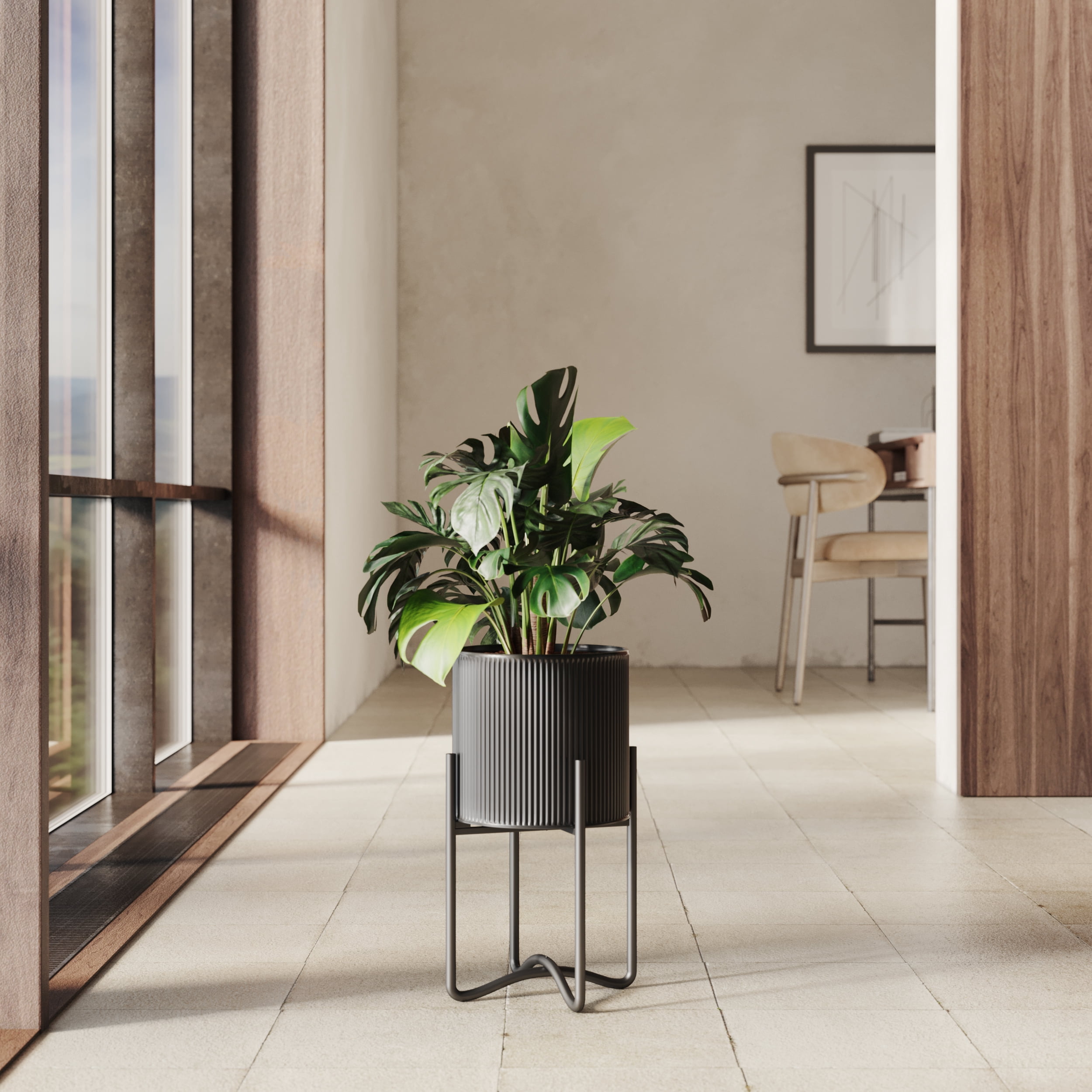 Everett Black Mid-Century Modern Indoor Metal Pot Planter with Tall Metal Base - 16.25" H x 9.25" W