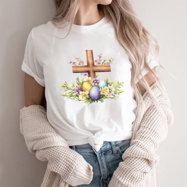 VKOYWKM T-Shirts Joyeuses Pâques pour Femmes Manches Courtes Col Rond T-Shirt Hauts de Fête de Pâques T-Shirts Chrétiens T-Shirts Tendance de Pâques T-Shirts Graphiques Oeuf Coloré