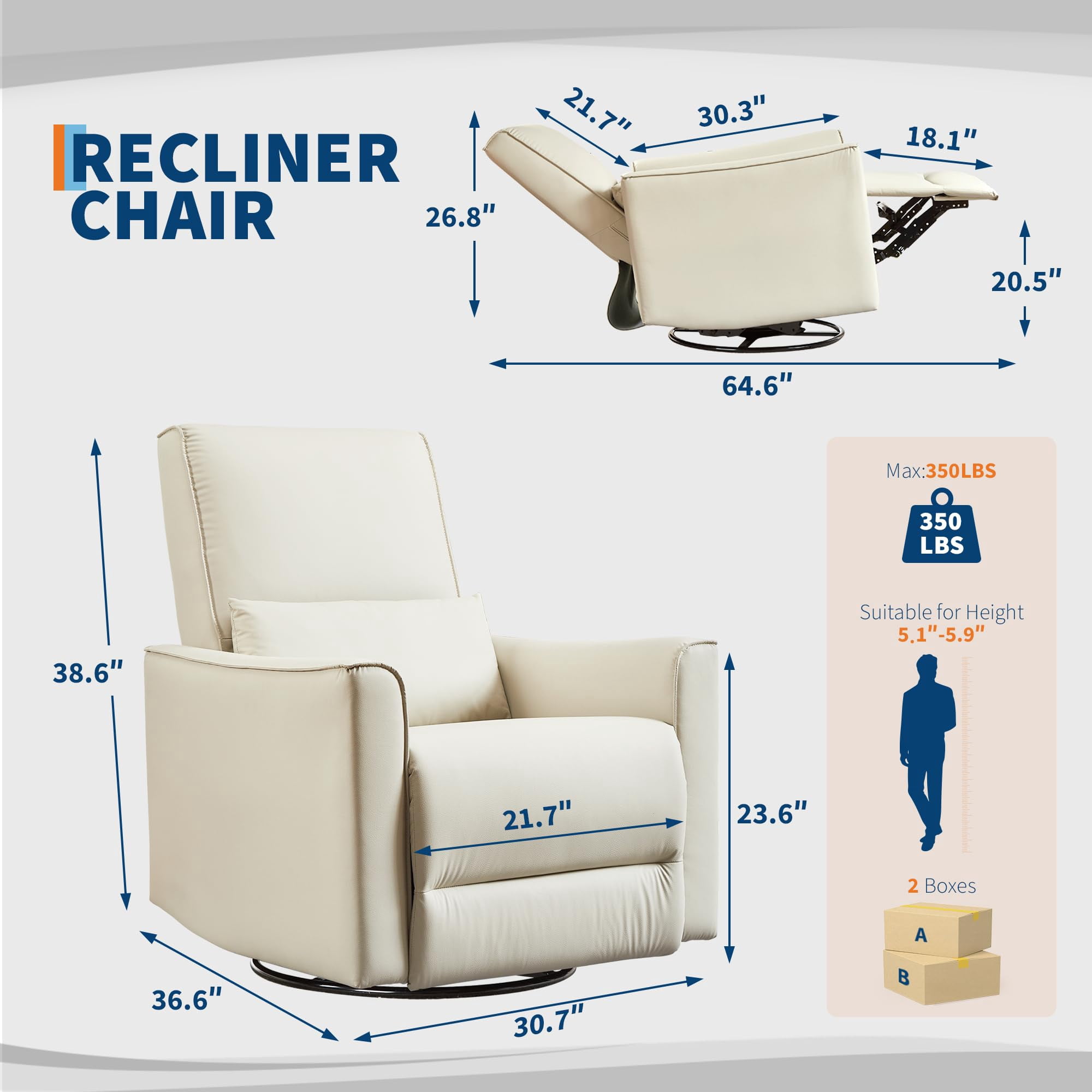 Swivel Rocking Recliner Chair, 360° Leather Recliner with Adjustable Backrest Rocker Recliner Glider Deep Seat PU Leather Sofa Chair with high Backrest for Living Room, Bedroom,Nursery