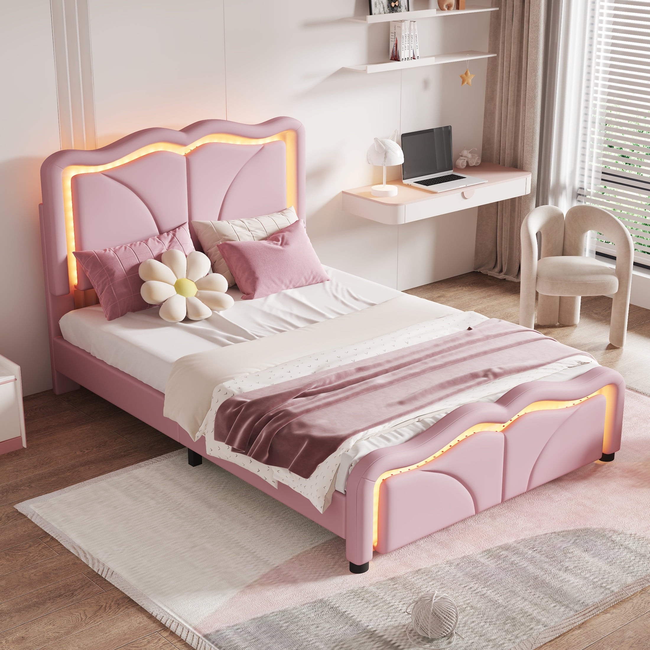 Noble House Sheila Twin Upholstered Platform Bed, Curve Shaped Height-Adjustable LED Headboard, PU Leather, Pink