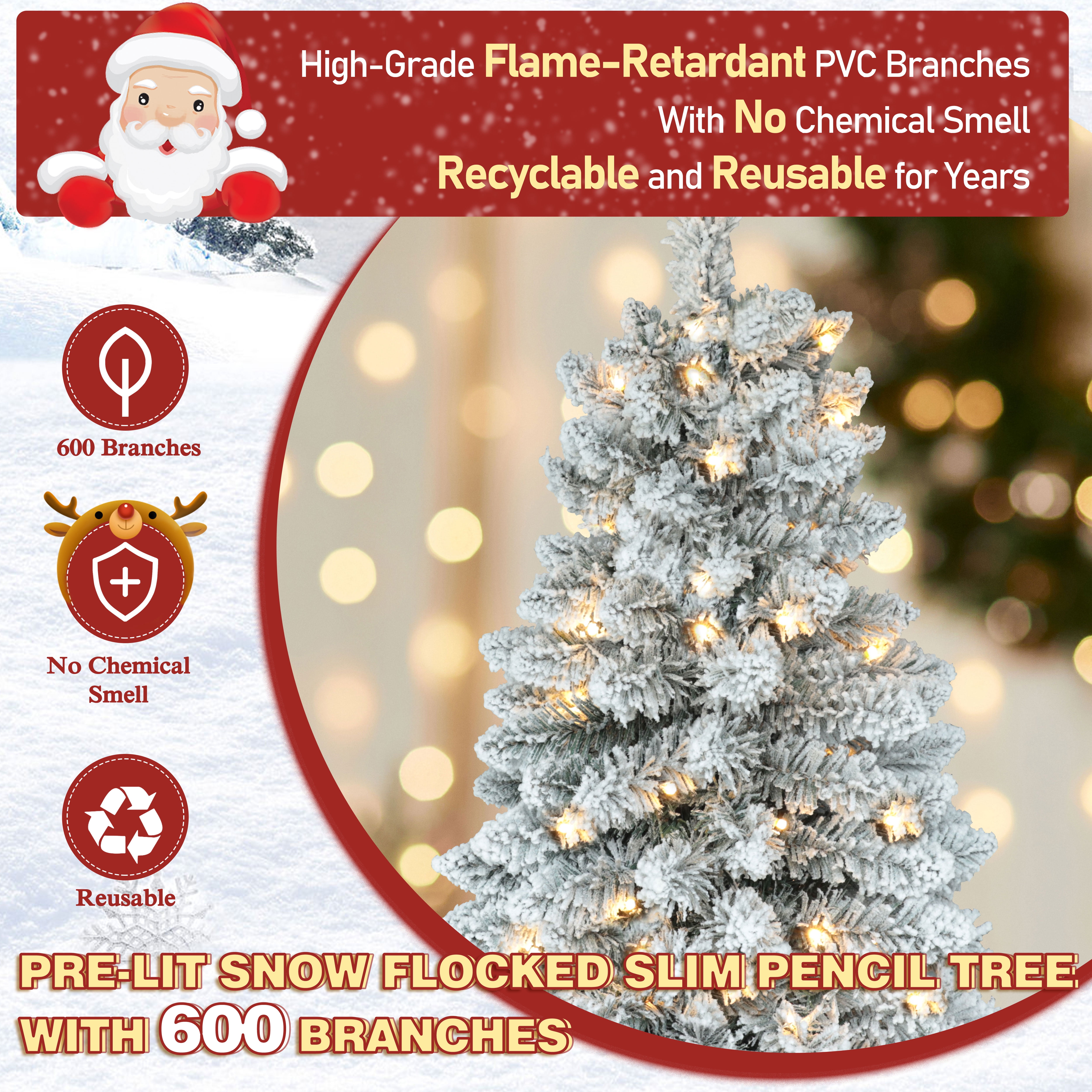 VEIKOUS 6ft Christmas SlimTree, Prelit Pencil Tree Snow Flocked for Holiday Decor W/200 LED Lights & 600 Tips, Green