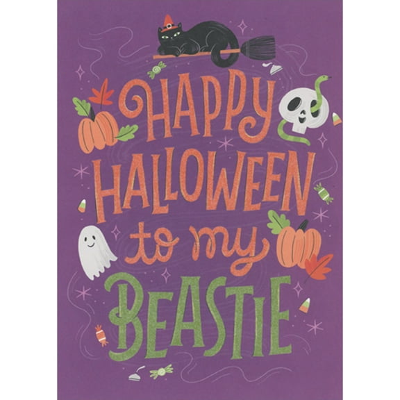 RSVP To My Beastie: Cat, Pumpkins and Ghost on Purple Halloween Card for Friend