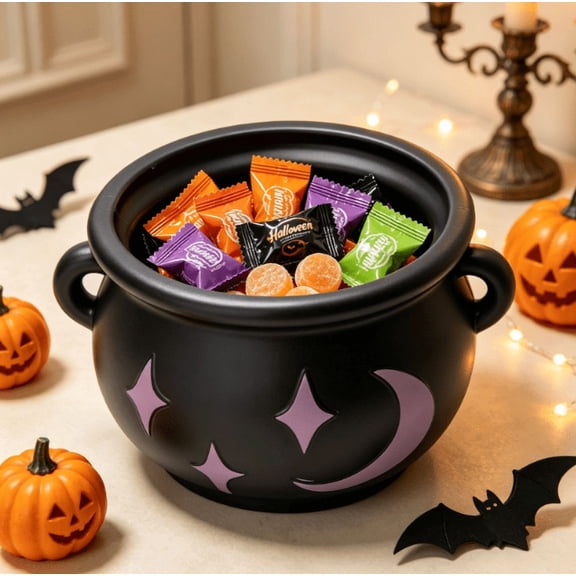 Moon Star 3D Print Halloween Cauldron Candy Pot, Novelty Witch‑Themed Treat Holder Bucket, Multi‑Purpose Storage Bowl for Candies, Favors and Small Holiday Decor