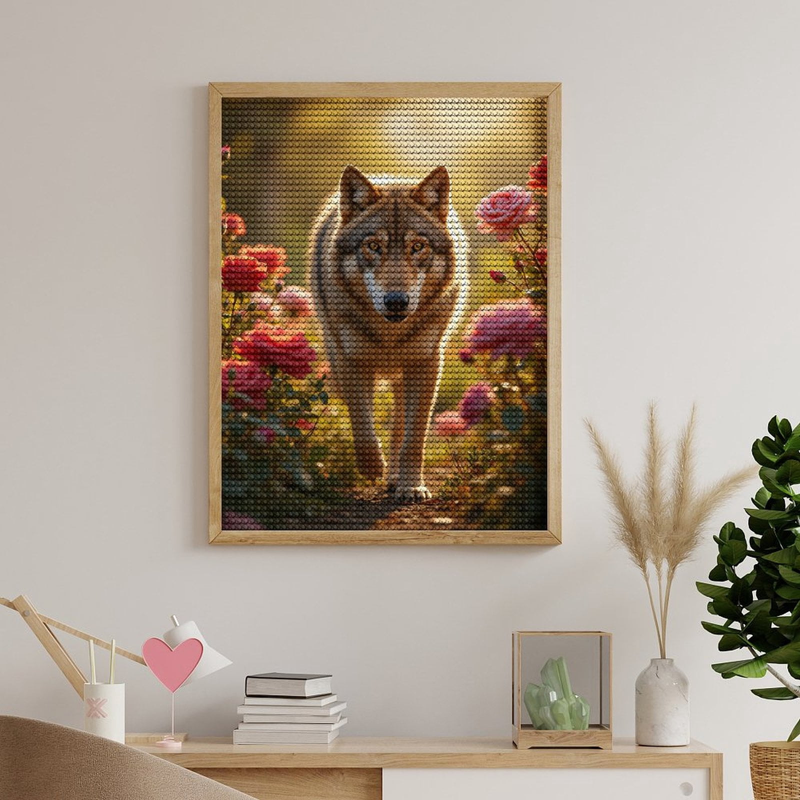 Diamond Art Kits for Adults, Wolf Strolling Through Rose Garden 5D Diamond Painting Kits for Adults Beginners, DIY Full Drill Diamond Painting, Gem Art and Crafts 12x16