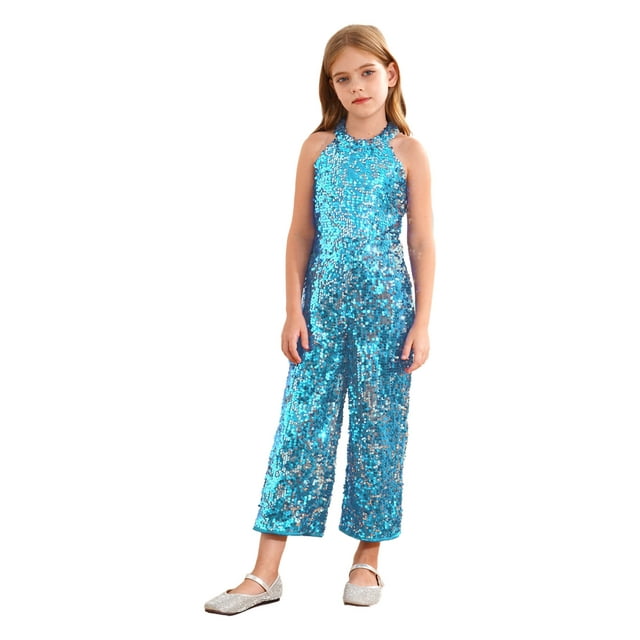 Moggemol Combinaison à Paillettes pour Fille, Col Licou, Princesse, Barboteuse de Concours, Pantalon Long, Robe de Cocktail, Bleu Ciel, 8