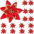 thumbnail image 1 of 15 Pièces Paillettes Poinsettia Fleurs Artificielles Décorations Arbre Ornements Paillettes Rouges Or, 1 of 11