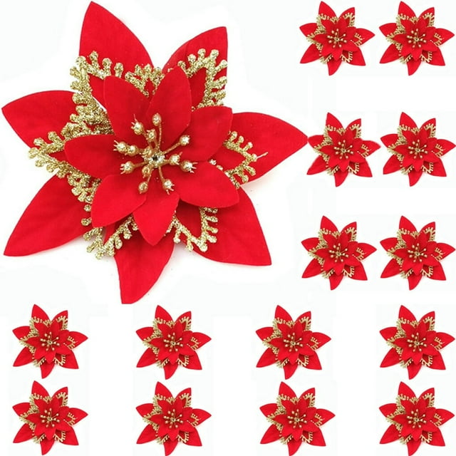15 Pièces Paillettes Poinsettia Fleurs Artificielles Décorations Arbre Ornements Paillettes Rouges Or