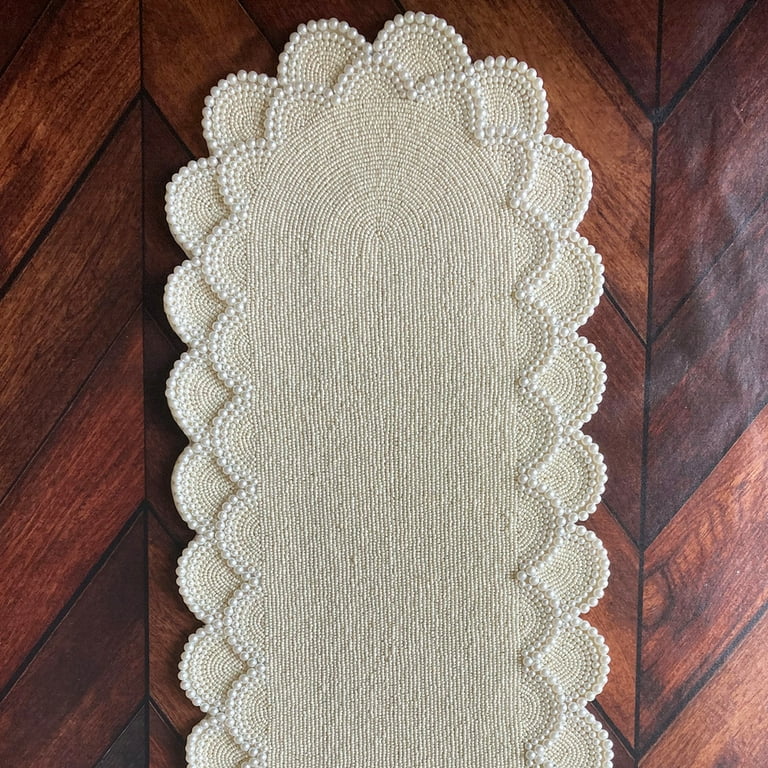 Beaded Table Runner Pack of 1 Measure 13 * 36 Inches (White Pearl) 13 x 36  Inche