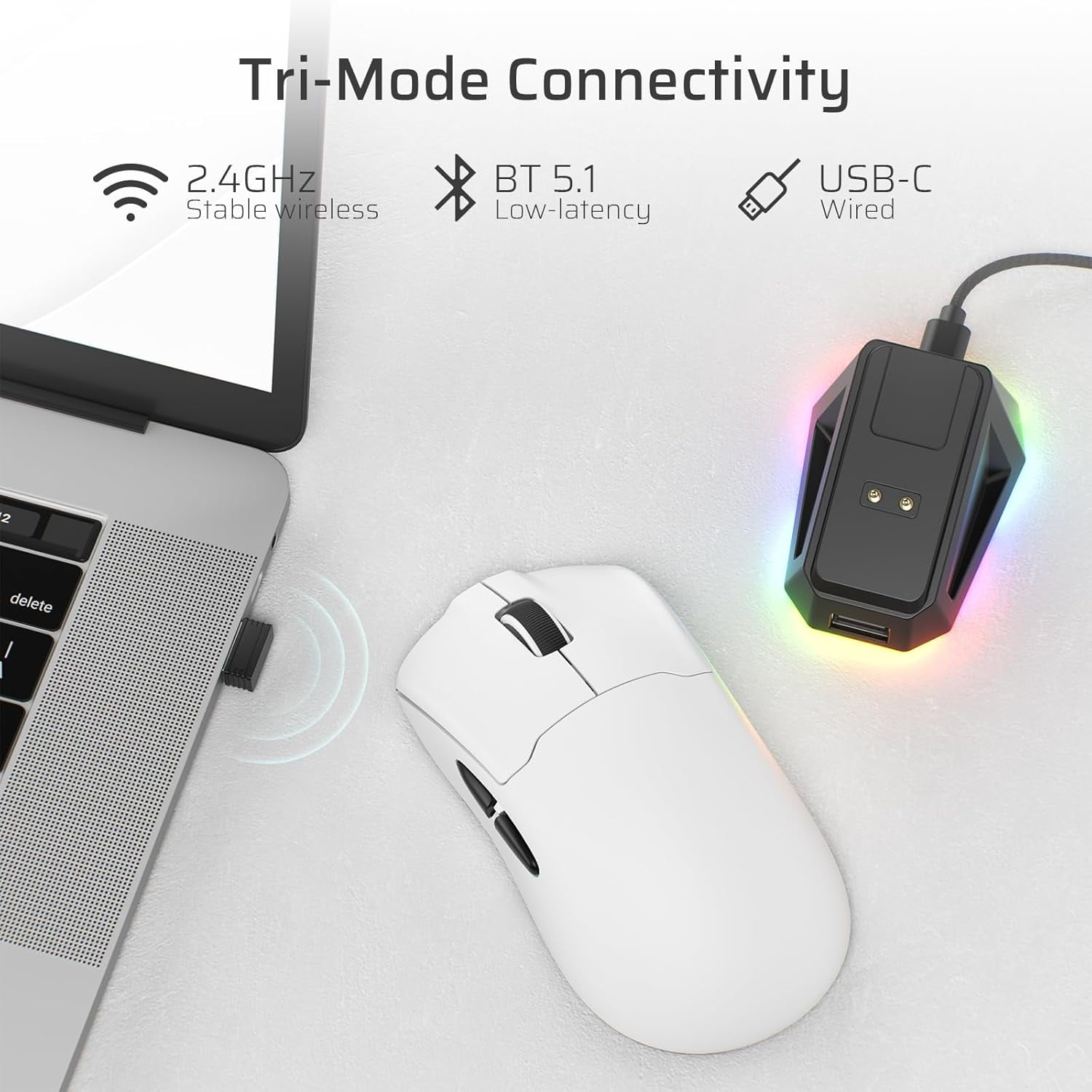 LTC GM022 Ultralight 3-Mode Wireless Gaming Mouse with RGB Charging Dock, PAW3395 26K DPI Sensor, 55G Lightweight Ergonomic Bluetooth Gaming Mouse, 5 Programmable Buttons, 80 Million Click Switch