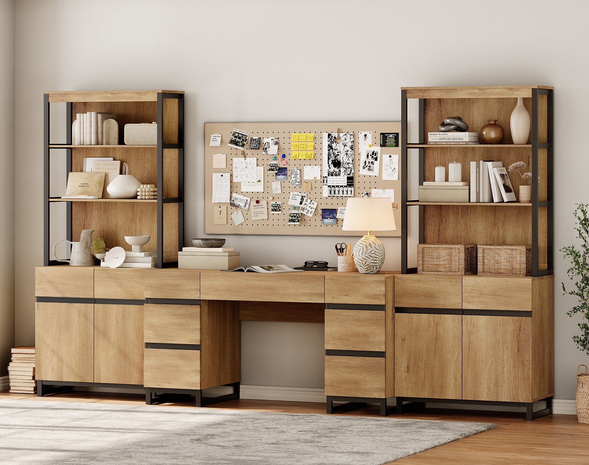 WAMPAT Home Office Furniture Set: 59in Modern Executive Desk with Charging Station & Drawers and 2 PCS 72in Tall Bookcases with Storage Cabinet, Home Office Furniture for Living Room, Oak