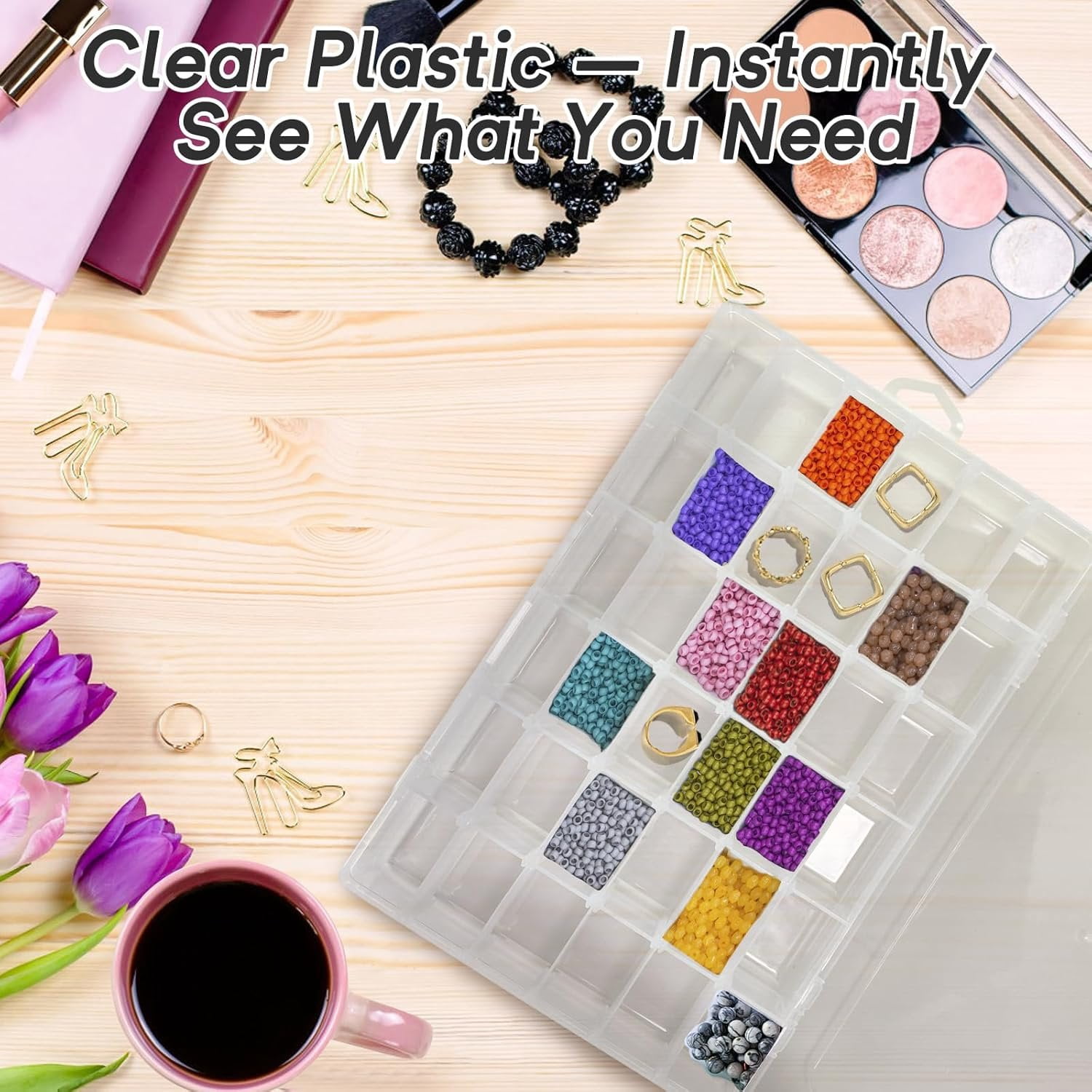 2-Pack 36-Grid Clear Organizer Box with Adjustable Dividers - Plastic Storage Box for Beads, Rock Collections &  - Small  Sorter for Screws, Tackle & Nails (No-Spill Latch)