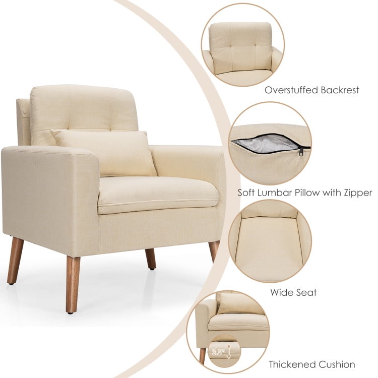 Finihen Upholstered Accent Chair, Modern Comfy Armchair Single Sofa, Linen Fabric Single Sofa Armchair with Waist Pillow, for Living Room, Bedroom, Beige