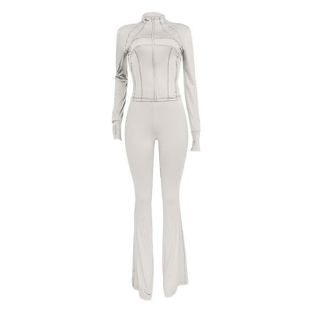 Baqcunre Women s Trousers Suit  Womens Two Piece Outfits Fall Workout Zip Up Sweatshirt and Jogger Flare Yoga Pants Gym Sweat Suits 2 Piece Set White XL