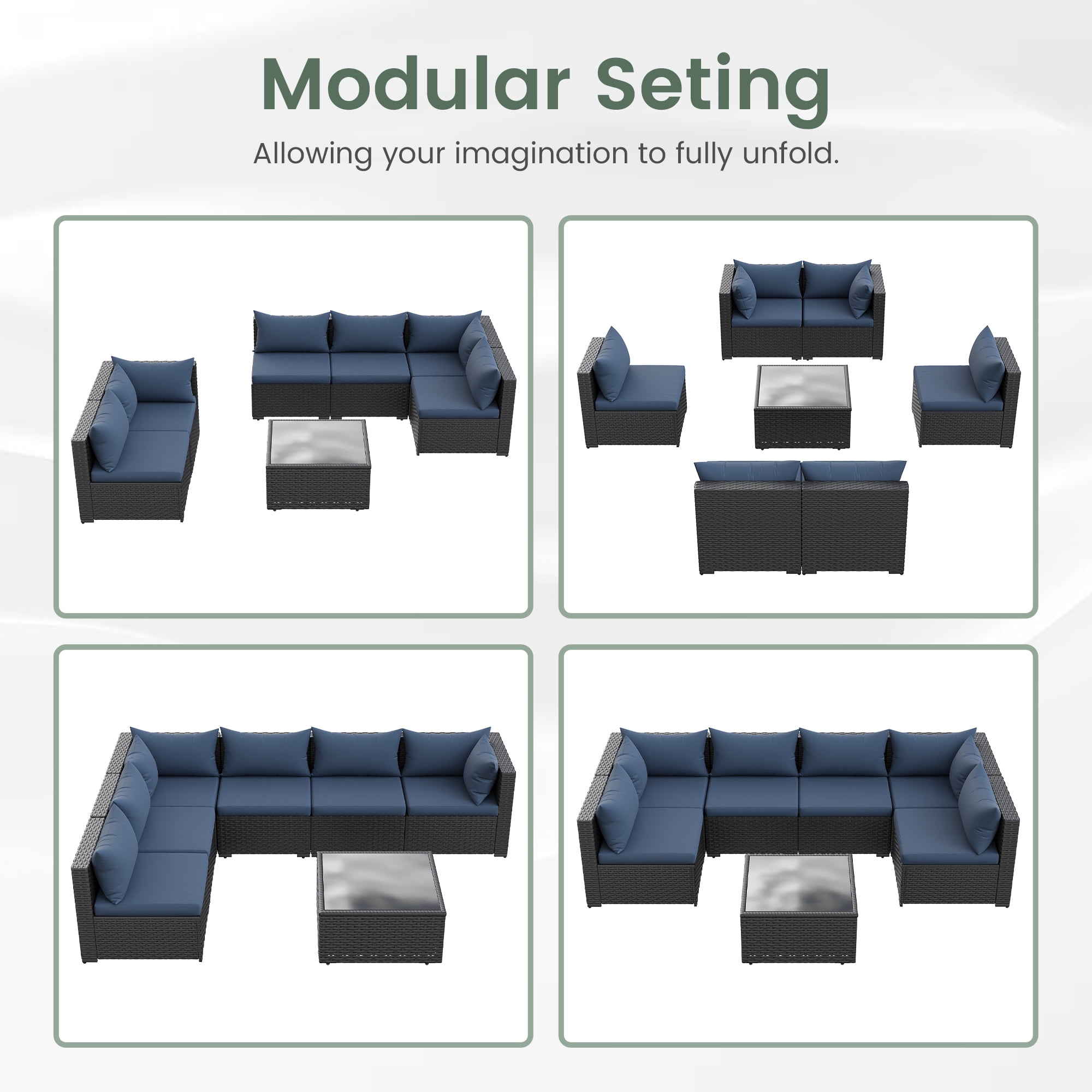 POTEBAN 7 Pieces Patio Conversation Set, Outdoor Black PE Wicker Sectional Sofa for Backyard Garden, Blue