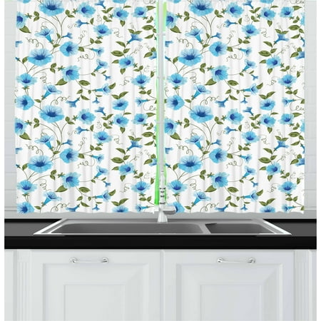 - Aqua Curtains 2 Panels Set, Blossoming Fresh Bindweed Flowers with Green Leaves Summer Garden Theme, Window Drapes for Living Room Bedroom, 55W X 39L Inches, Green Pale Blue White, by Ambesonne