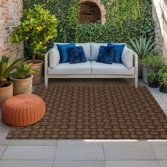 Outdoor Rug 3x5 ft Brown Rattan Outdoor Large Area Rug Non Slip Rubber Retro Striped Lines Front Door Mat RV Rug Camping Carpet Patio Outdoor Rugs for Backyard Balcony Deck Porch Indoor