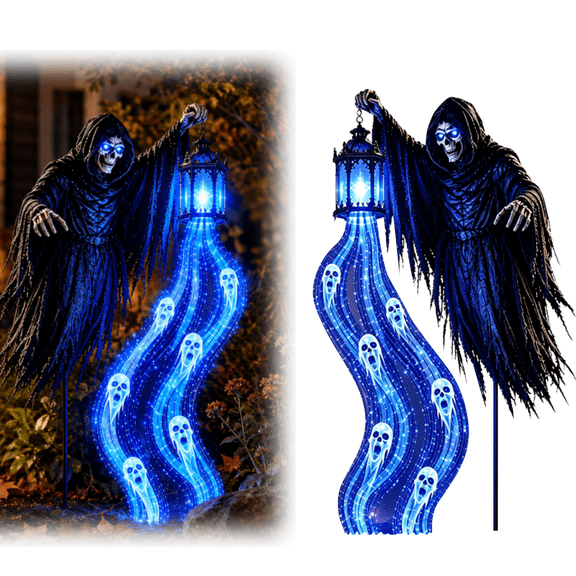 31.5" Halloween Soul Harvester Animated Garden Stake Light, Grim Reaper Decor with Glowing Blue LED Ghost for Yard, Lawn, Patio, Party & Haunted House