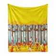 thumbnail image 1 of Bike Soft Flannel Fleece Blanket, Cartoon Graphic of People Riding Bicycles in Abstract Woodland Illustration, Cozy Plush for Indoor and Outdoor Use, 50" x 70", Yellow and Multicolor, by Ambesonne, 1 of 5