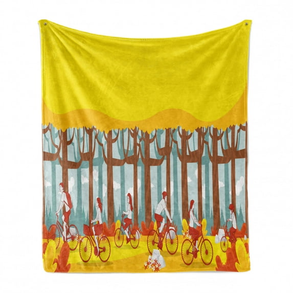 Bike Soft Flannel Fleece Blanket, Cartoon Graphic of People Riding Bicycles in Abstract Woodland Illustration, Cozy Plush for Indoor and Outdoor Use, 70" x 90", Yellow and Multicolor, by Ambesonne