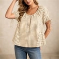 thumbnail image 4 of Edvintorg Button Up Shirt Women Plaid Printed Crew Neck Short Sleeve Loose Casual Blouses Summer Tops for Women Khaki S, 4 of 8