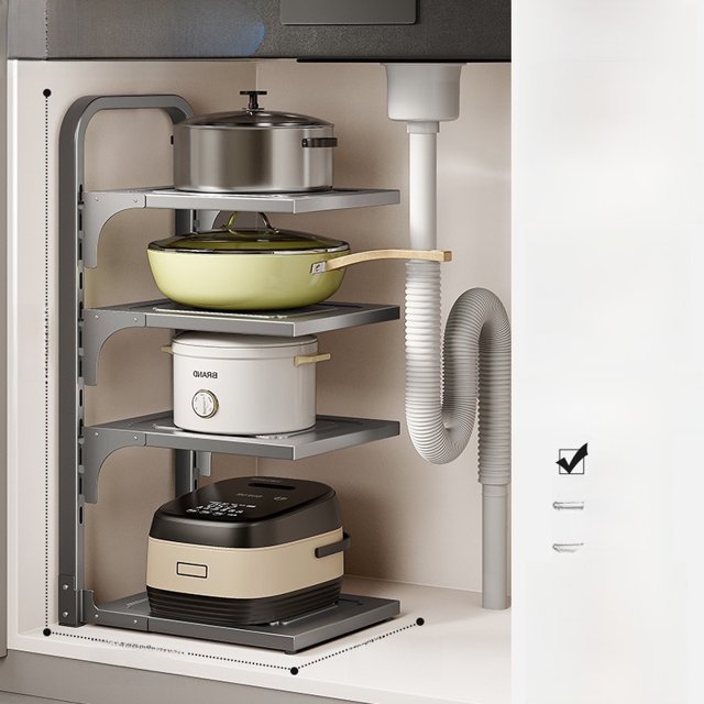 4-Tier Square Carbon Steel Kitchen Storage Rack: Heavy-Duty, Waterproof Under-Sink Organizer for Pots & Utensils – Space-Saving, Easy-to-Install Multifunctional Cabinet Shelving with Reinforced
