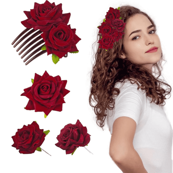 4 Pieces Rose Flower Hair Clip Big Rose Brooch Floral Clips Mexican Flower Hair Accessories for Woman Flamenco Dancer Bridal Party Wedding