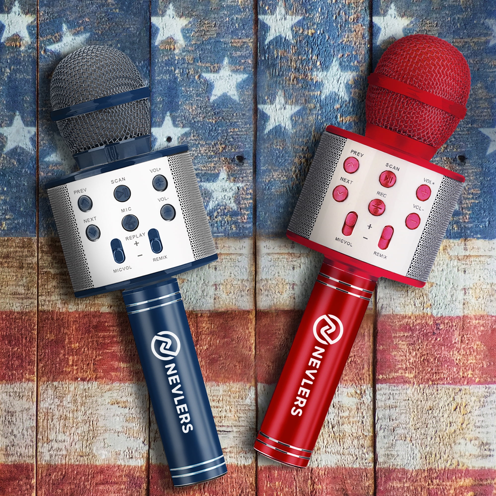 Mockins Navy & Red Karaoke Microphones with Bluetooth Speakers | Portable - Compatible with Android and IOS Devices | 2-Pack